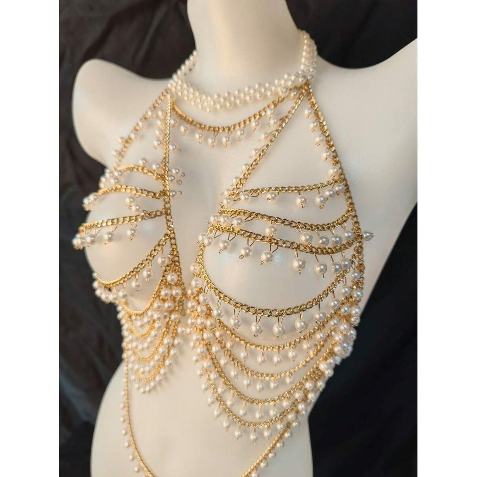 Chic Elegant Party Rave Festival Pearl  Gold Chain Body Jewelry Harness